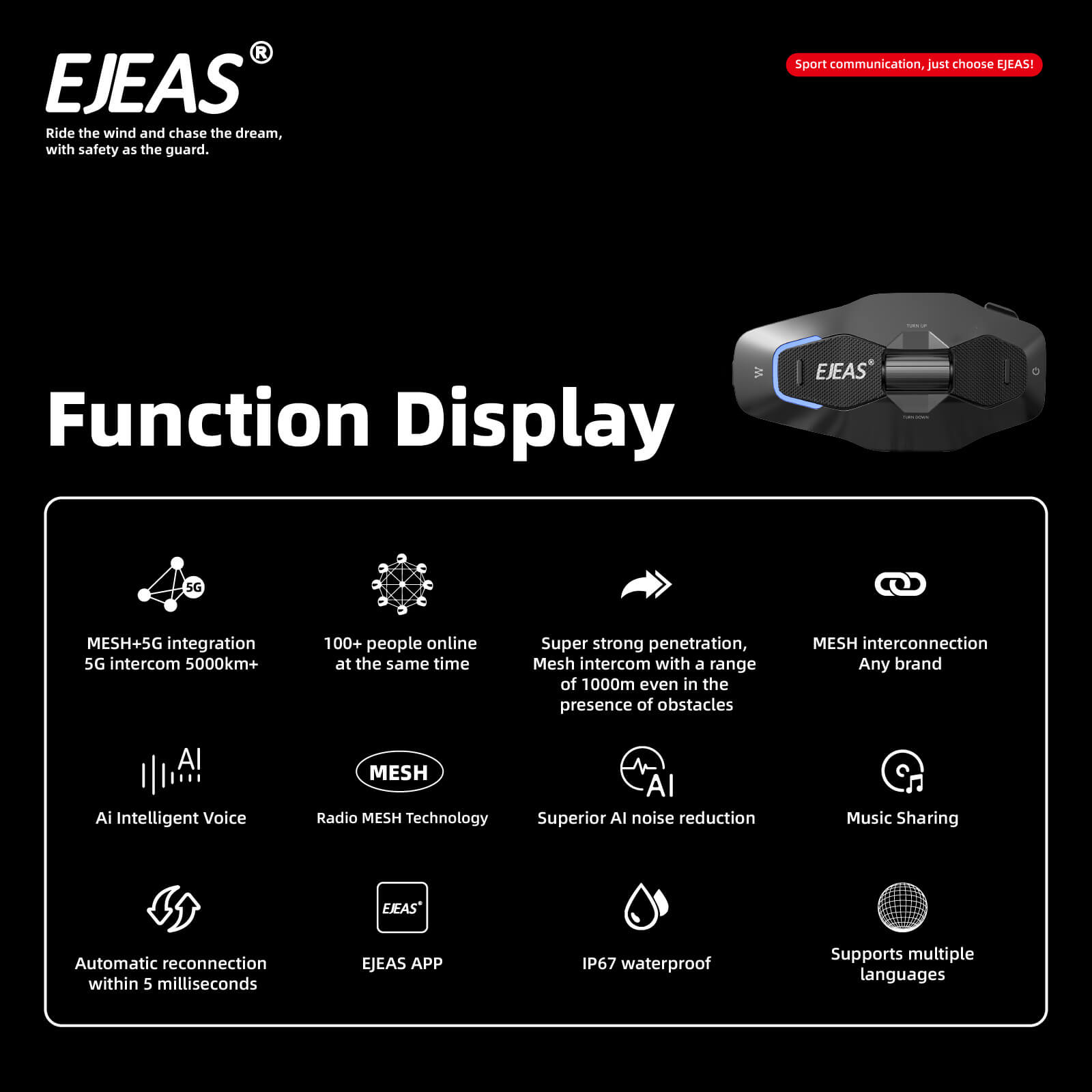 EJEAS X10 Plus_MESH+5G Motorcycle helmet Intercom System, 2-100 People Talk Simultaneously - Image 4
